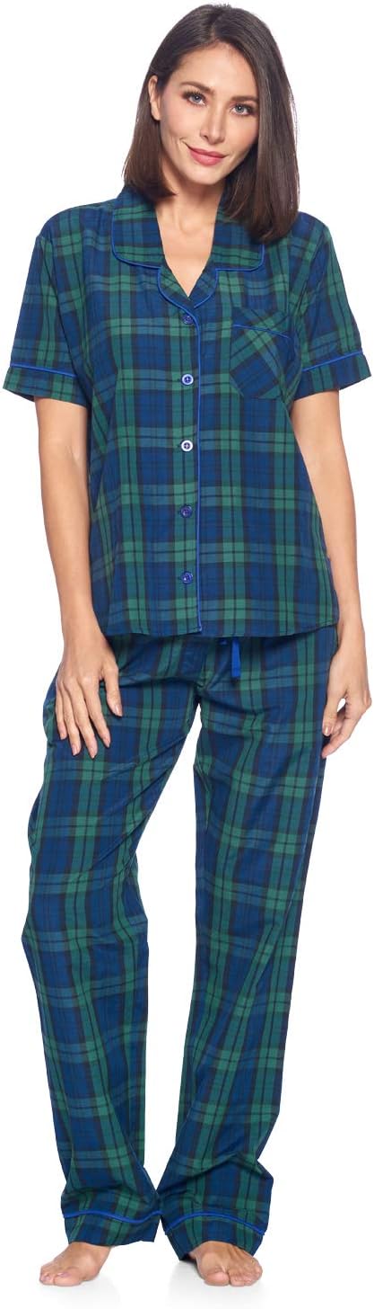 Ashford & Brooks Women's Woven Pajama Set Plaid Two-piece Pj Sets Sleepwear Loungewear Button-Down Pj Sets
