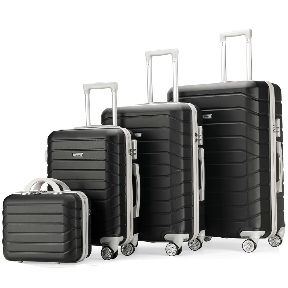 Set 4 Valigie Rigide in ABS con Beauty Case, Valigia con Manico Telescopico e Ruote Easy Roll, Trolley con Lucchetto e Serratura a Codice, Bagaglio a Mano Design Moderno (Nero)