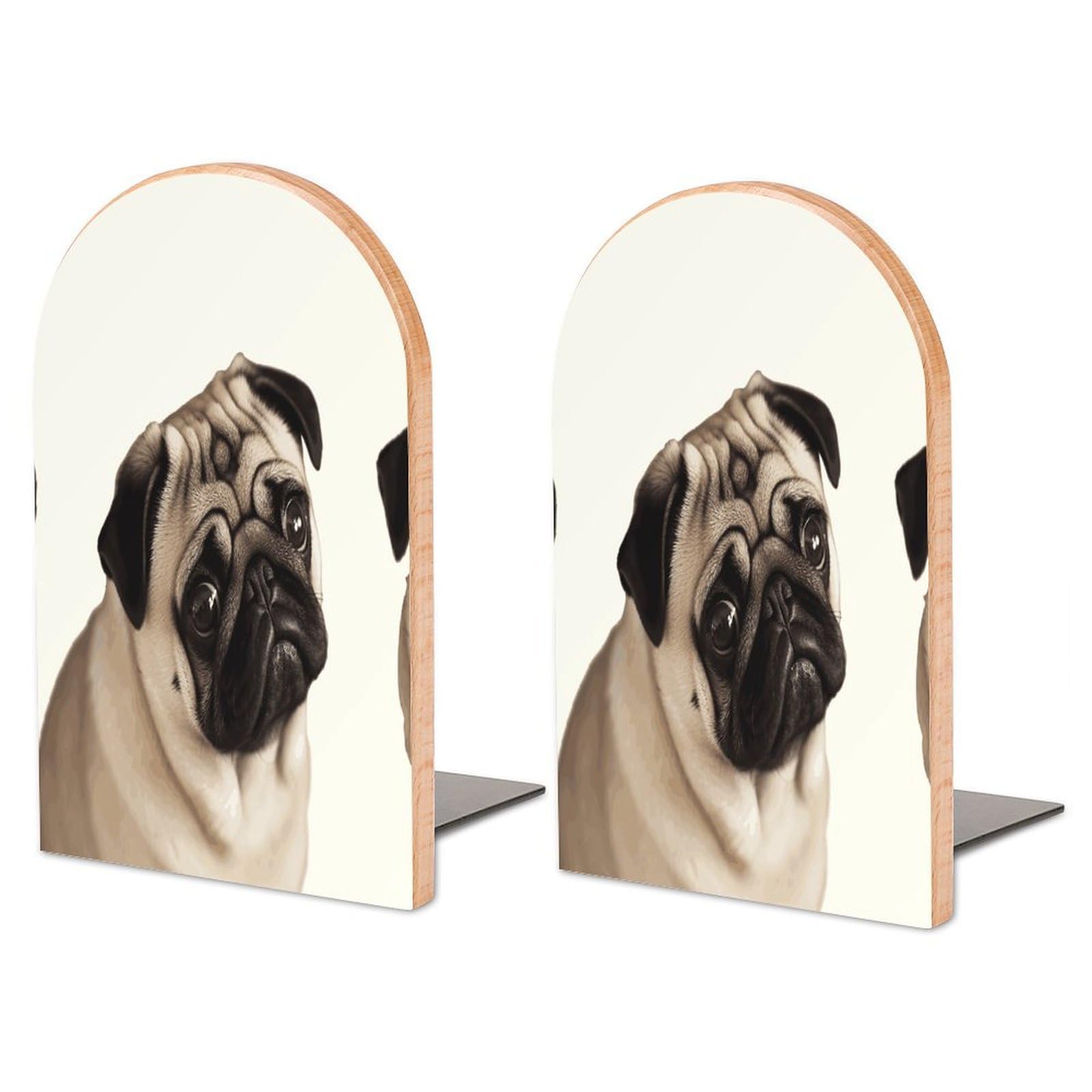 Large Pug Dog Book End with Metal Base Fashion Heavy Duty Bookend Exquisite Wooden Bookends Non-Skid Book Stopper for Shelves Books Organizer for Office Home 1 Pair