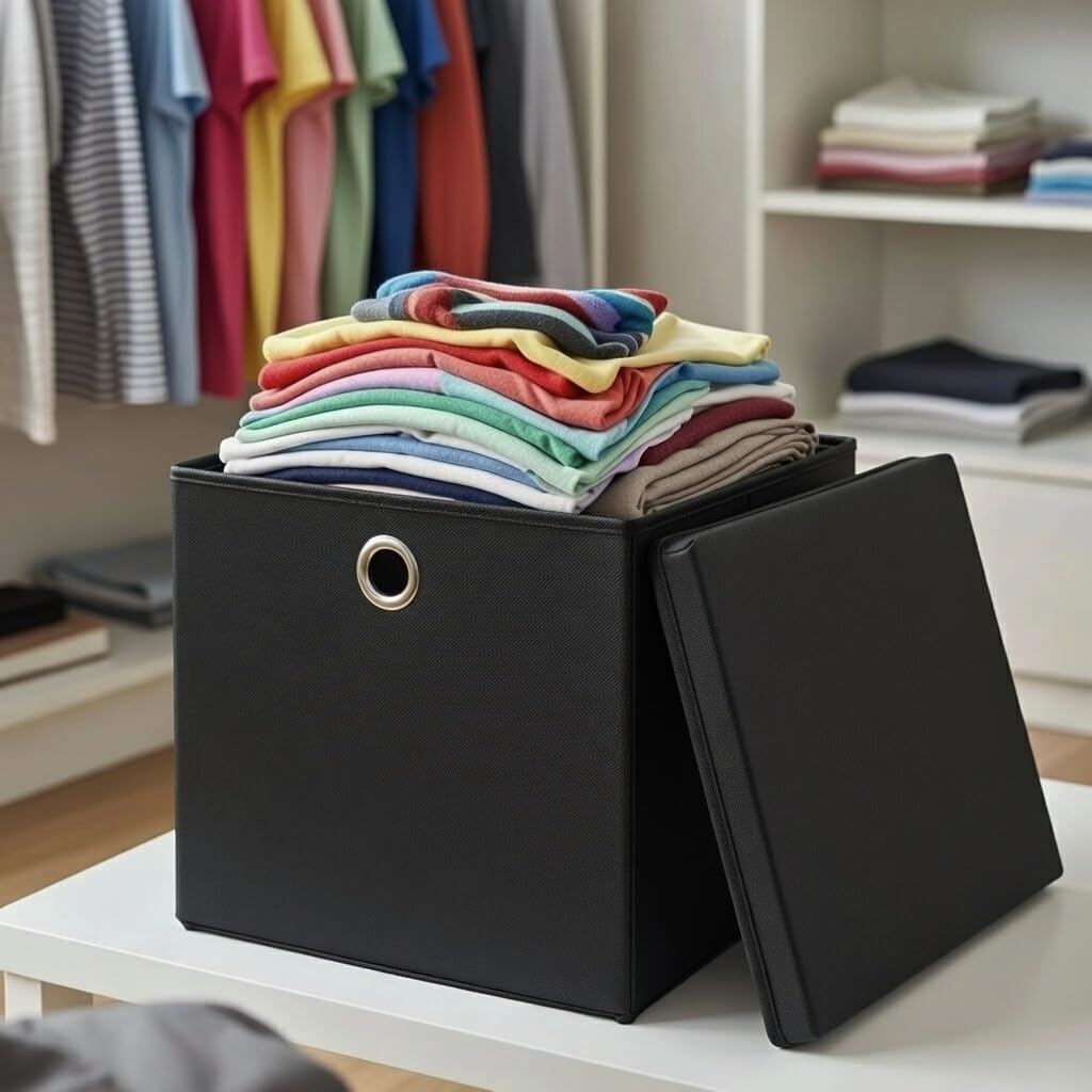6er Set Schwarz Faltbox 28 x 28 x 28 cm Aufbewahrungsbox faltbar mit Deckel