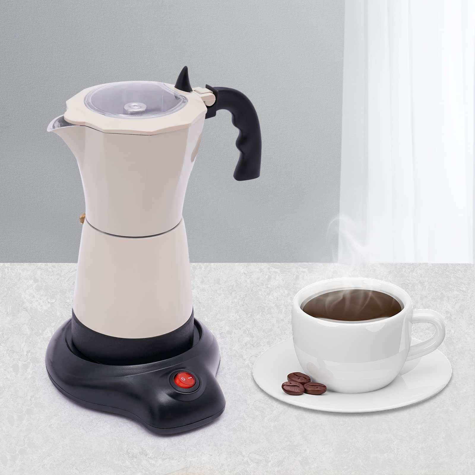 Caffettiera per caffè espresso, di alta qualità, adatta a induzione da 300 ml, base girevole, manico a contatto freddo, funzione di mantenimento del calore per gli amanti del caffè (bianco