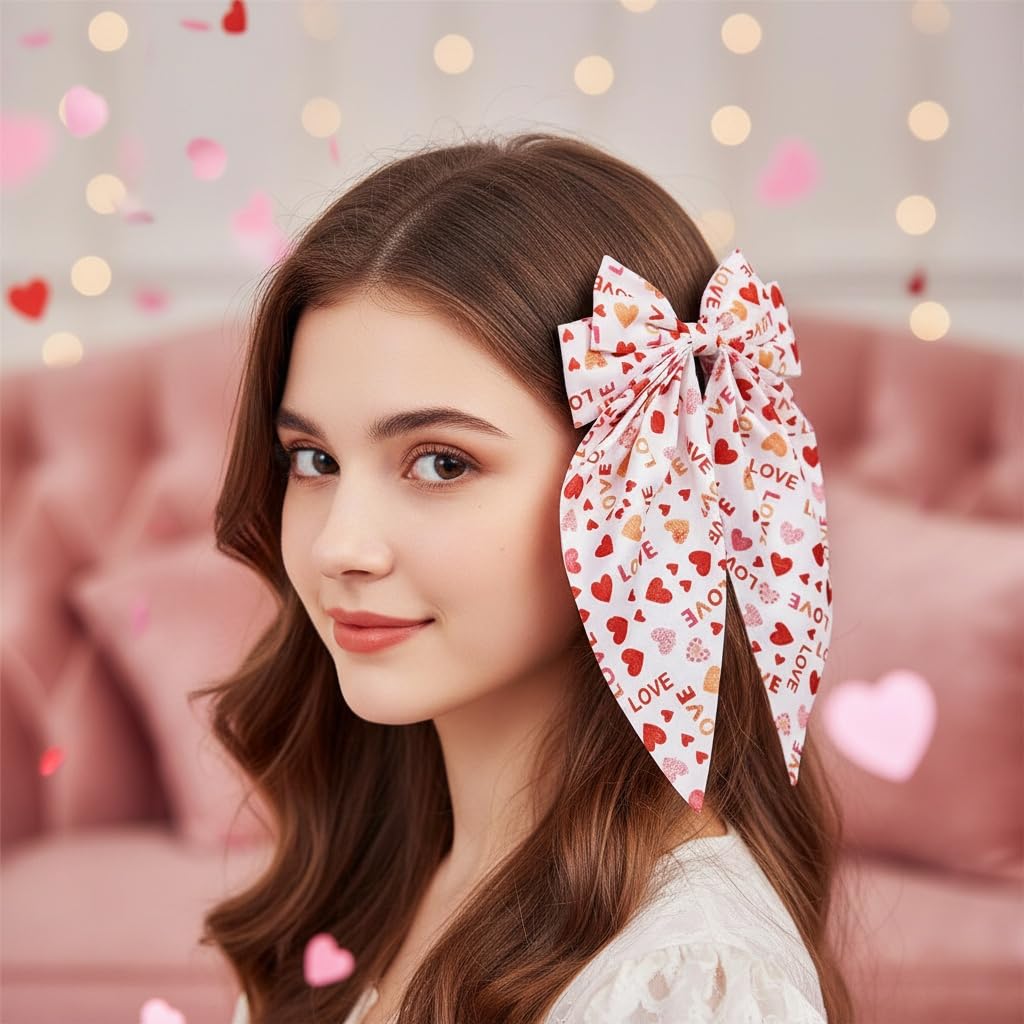1Pcs Valentine's Day Hair Bows Clips, Heart Love Big Bow Hair Clips with Long Tails Handmade Hair Ribbon Bowknots Hair Barrette for Valentine's Day Hair Accessories Festival Holiday Party Supplies image 5