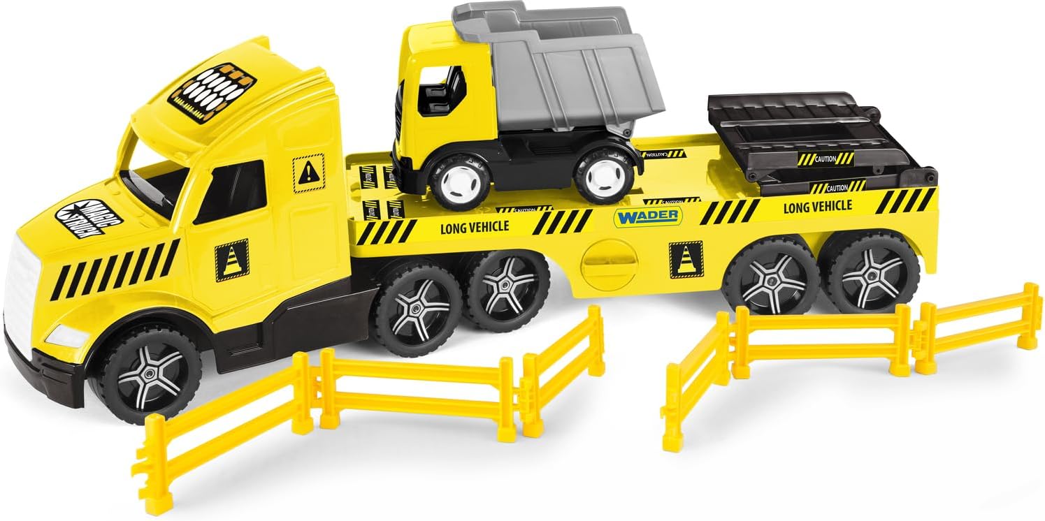 Wader 36421 Magic Truck Low Loader with Tipper, Barrier Grates and Ramps, Size Approx. 79 cm, for Children from 3 Years, Suitable as a Gift for Creative Play