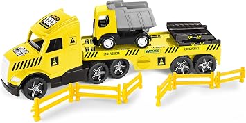 Wader 36421 Magic Truck Low Loader with Tipper, Barrier Grates and Ramps, Size Approx. 79 cm, for Children from 3 Years, Suitable as a Gift for Creative Play