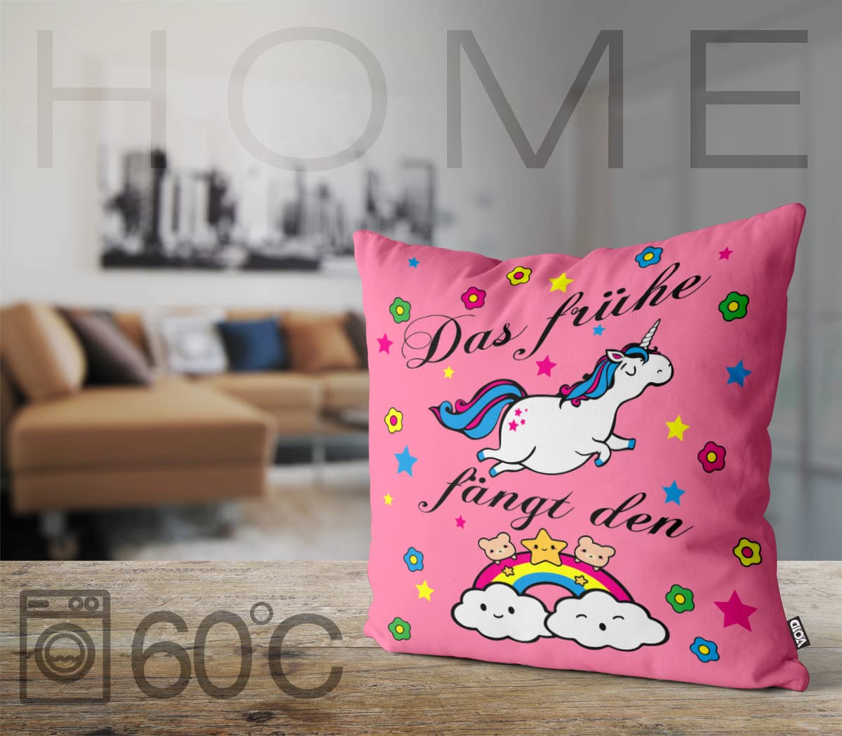VOIDas frühe Einhorn fängt den Regenbogen Kissenbezug Kissenhülle Outdoor Indoor, Kissen Größe:60 x 60 cm