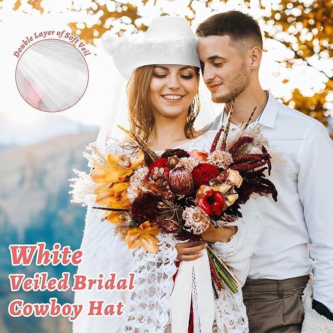 MSYU 12 sombreros de vaquera para novia, sombrero de vaquero para despedida de soltera, sombrero de vaquero para fiesta, boda, despedida de soltera, compromiso (rosa, blanco, alambre plateado)