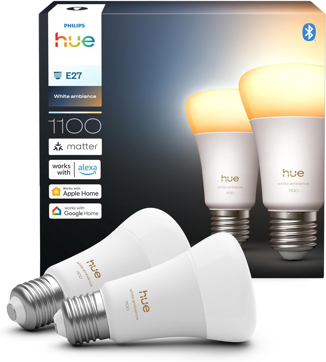 Philips Hue LED A60 (Confezione da 2), Lampadine smart con luce bianca calda E27, Luci smart da 8,1 W e 1.100 lumen, Lampadine intelligenti compatibili con Alexa, Google Assistant e Apple Home