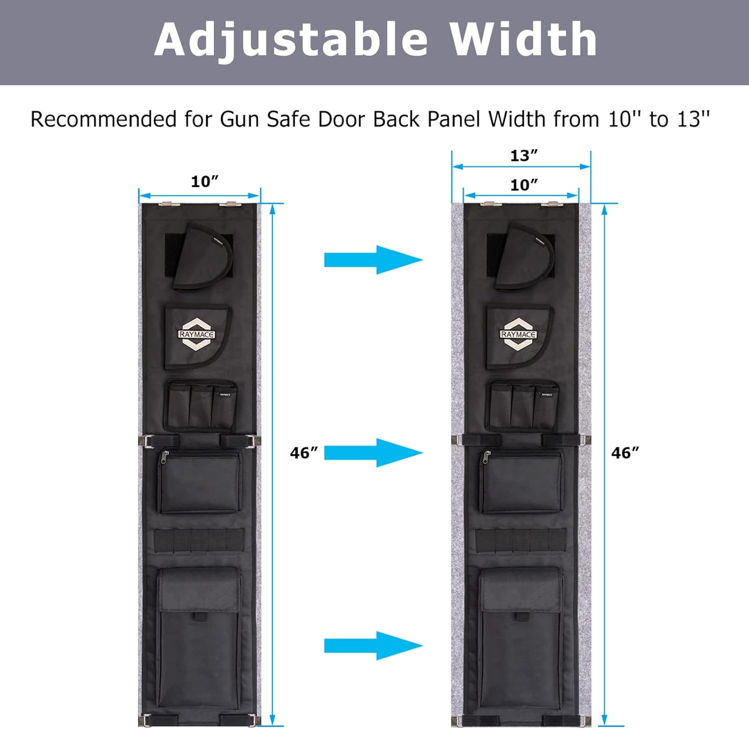 RAYMACE Gun Safe Door Panel Organizer 10W*46H inch，Adjustable Width to 13 Inch, Pistols and Documents Storage Solution