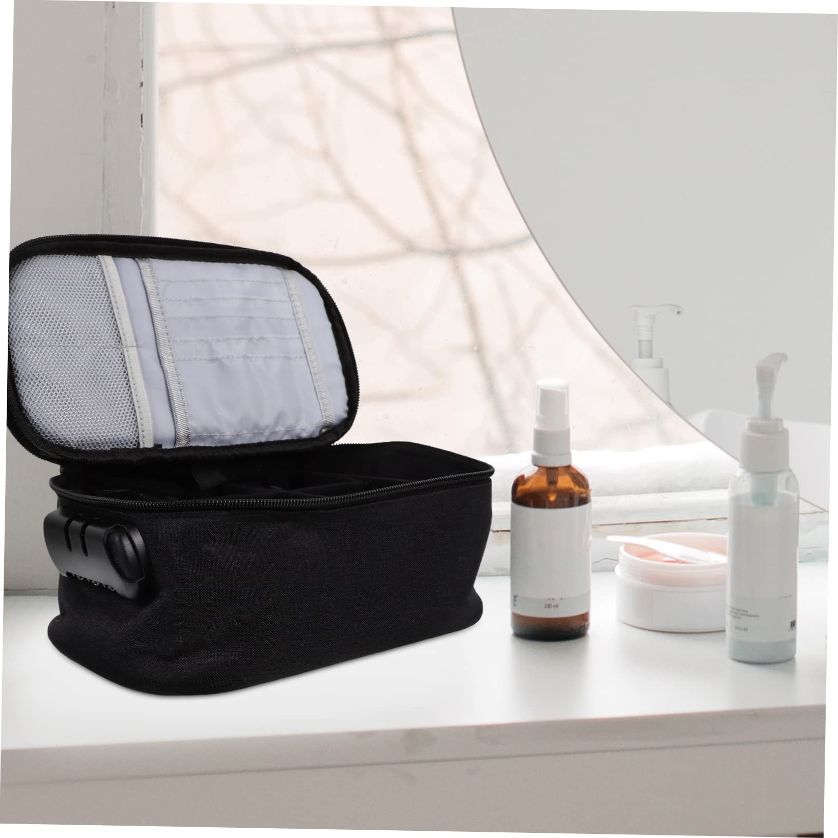 Beavorty Borsa da Toilette da Viaggio Portatile Oxford Nero, Scomparti Multipli e Chiusura a Combinazione, per Trucchi e Lip Gloss