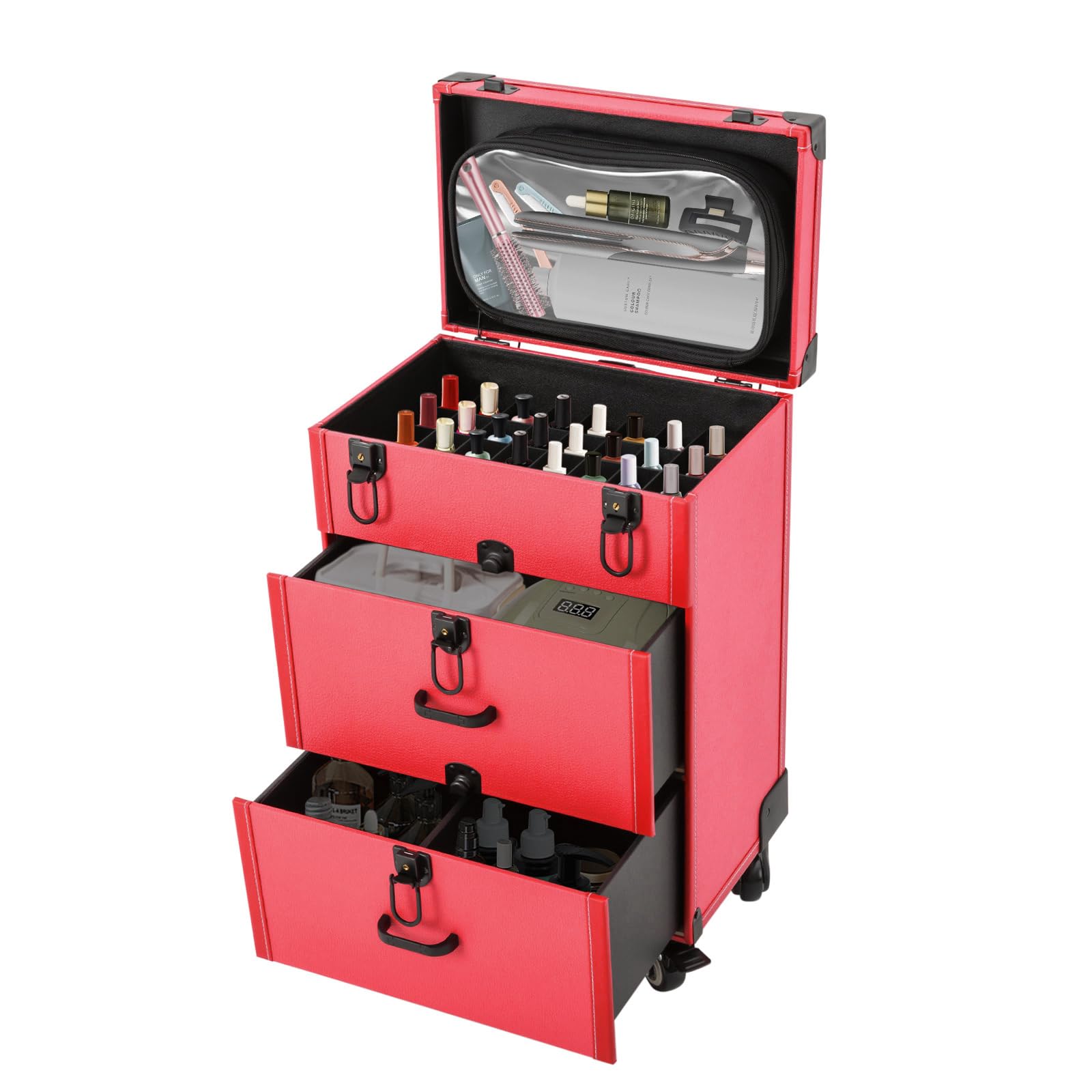 LIAPDG Portable 3-Tier Makeup Train Case, Freestanding Makeup Cart Suitca Rolling Makeup Case Nail Polish Organizer Jewelry Travel Cosmetic Train Case for Manicurists, Makeup Artists Rose Red