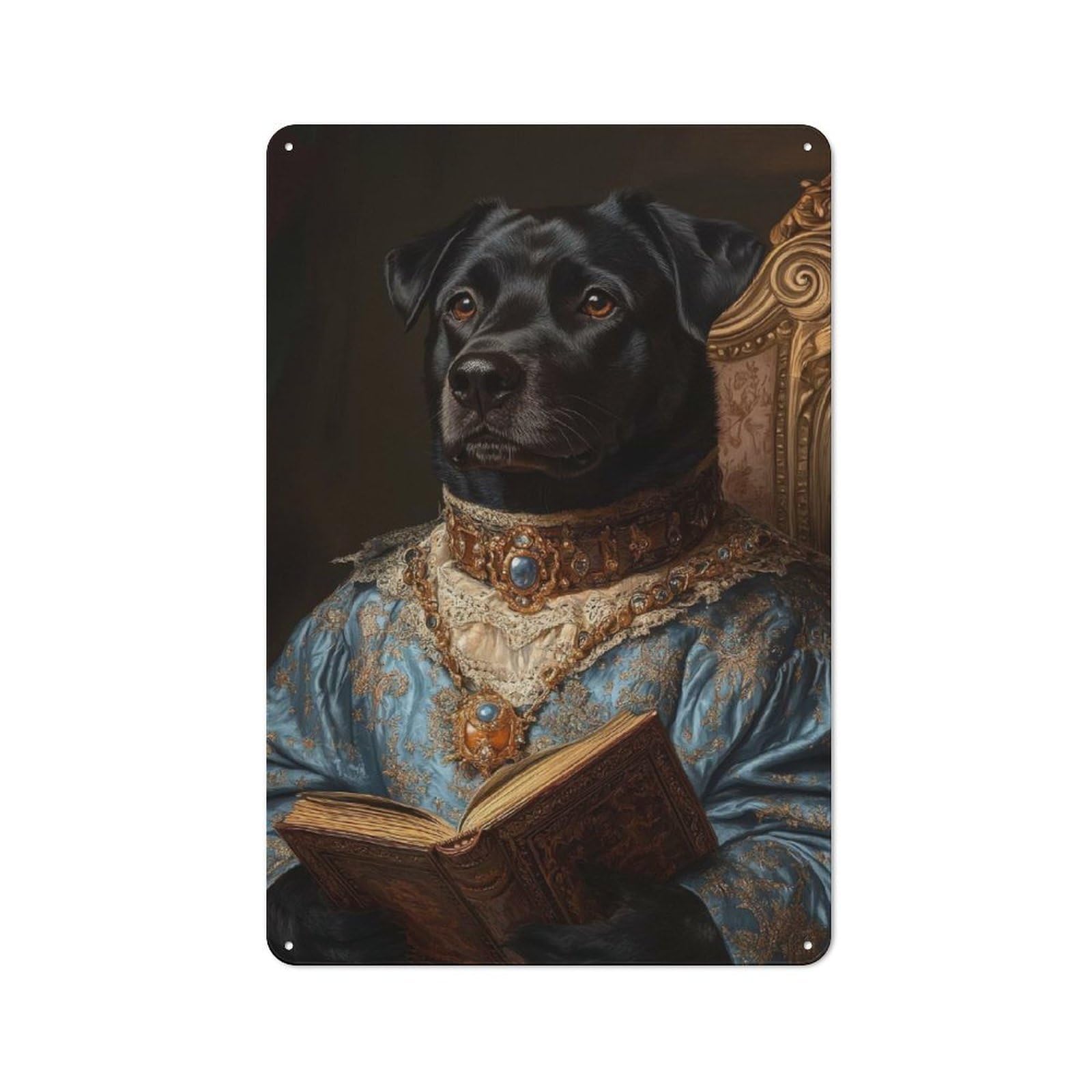 Junmoney Dog In Royal Attire Black Dog In Blue Robes Majestic Pet Portrait Rustic Metal Sign 30X20cm For Hobby Room Or Studio, For Kitchen, Dining Room And Home Bar Wall Decor