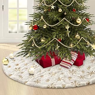 Christmas Tree Skirt48inch Xmas Tree Skirt with Gold SnowflakesFaux Fur Christmas Tree Skirt as Christmas Tree Decoration for Merry Xmas Holiday Party -Christmas Tree Cover for Base White