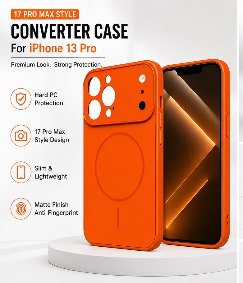 Image of Converter Case for iPhone 13 Pro | Premium Protective Comptable withMag-Safe Cover | iPhone 17 Pro Series Style Design | in Built Camera Guard | Wireless Charging Compatible - Orange
