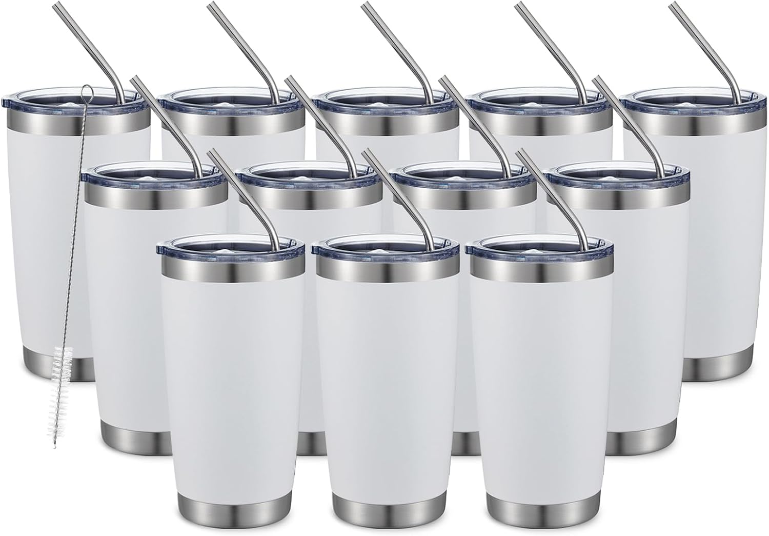 COMOOO 20oz White Tumbler Double Wall Vacuum Insulated Travel Mug Stainless Steel Coffee Mug with Lid and Straw Durable Powder Coated Insulated Coffee Cup for Cold & Hot Drinks (White,12 pack