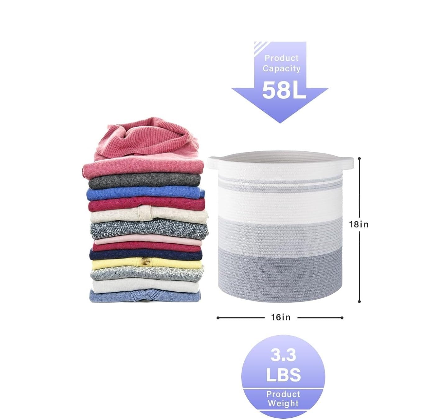 Cesto Bucato Cesti per Biancheria da 58 Litri Cesto per Intrecciata Portaoggetti con Manici per Vestiti per Soggiorno Accessori per Bagno(C)