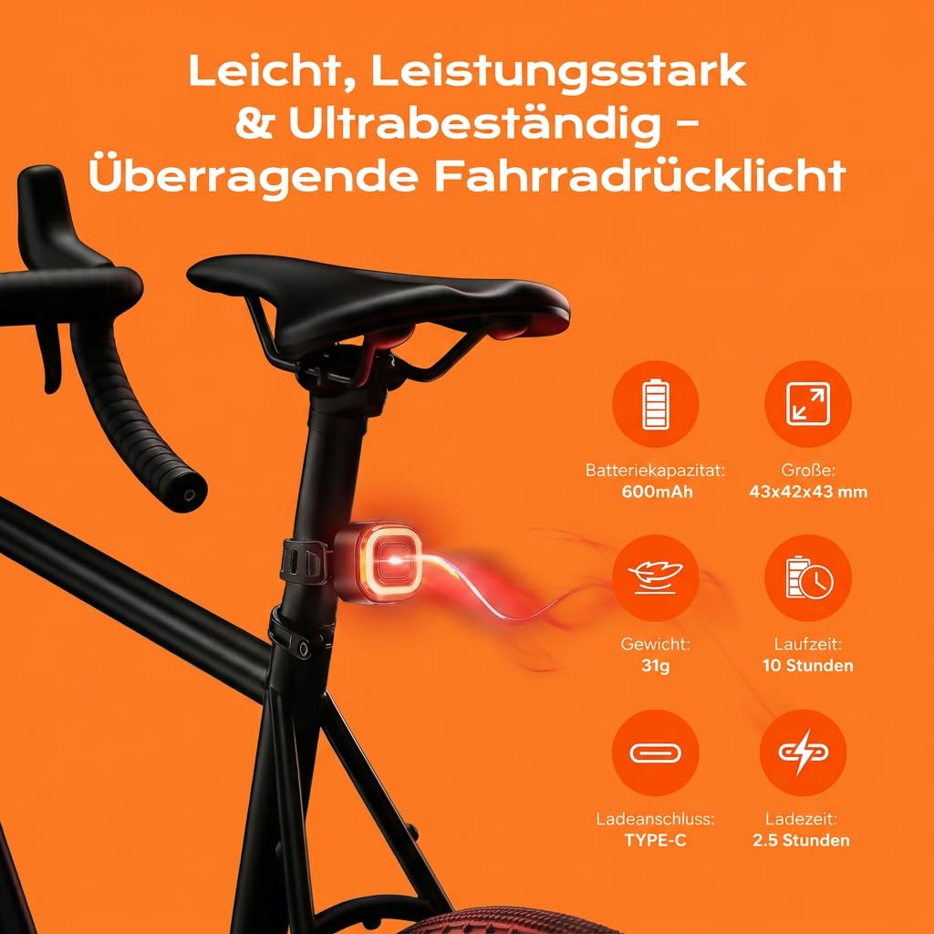 Kit d'éclairage LED pour vélo homologué StVZO - Rechargeable avec feu stop intelligent - Étanche IPX5 et résistant aux chocs - Kit de lampes de vélo USB-C pour vélo d'enfant, vélo électrique, VTT
