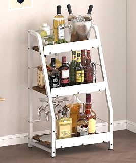 3-Tier Liquor Stand for Home Bar, Trapezoid Freestanding Whisky Bottle Holder with Fences, Stepped Versatile Liquor Display Shelf, Floor Bar Stand for Liquor, Cocktail Shaker, Syrup, White