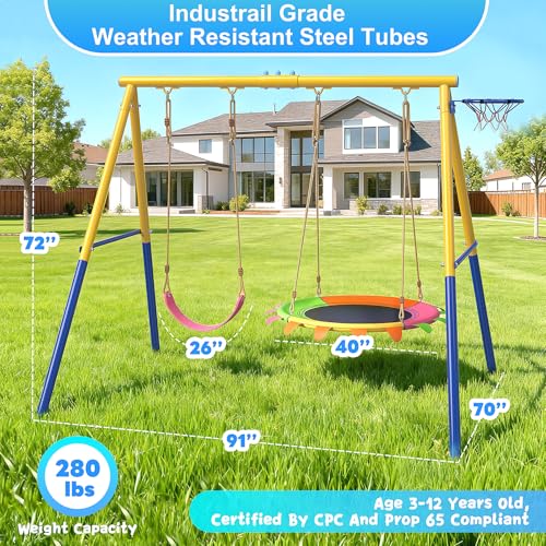 Image of 440lbs Metal Swing Sets for Backyard, 2 Seat Outdoor Kids Playset with Saucer, 40 Inch Saucer Swing, A-Frame Metal, Belt Swing and Basketall Hoop, Playset for Children Outdoor Fitness