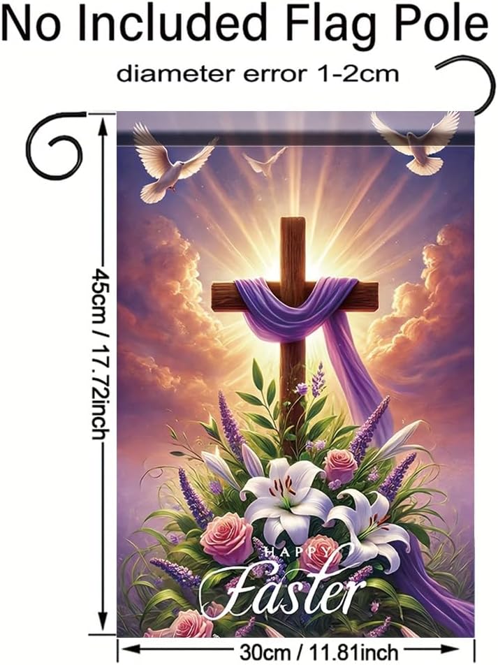 Happy Easter Garden Flag 12x18 Inch Double Sided Outdoor Yard Banner Cross with Purple Cloth White Lilies and Doves Religious Spring Porch Lawn Home Decoration - Image 2