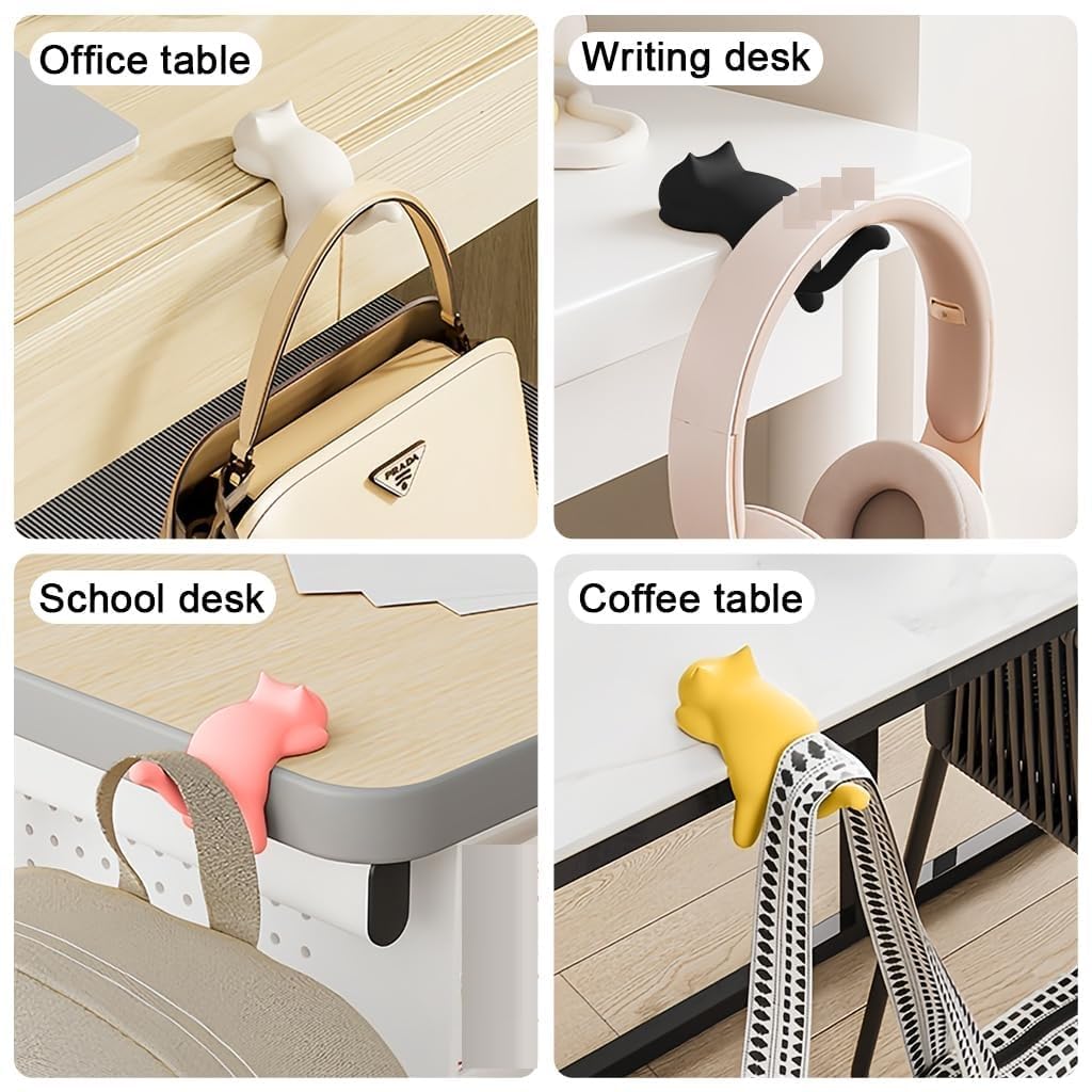 Cute Cat Table Side Hook for Desk, Self Adhesive Edge Hanger for Bags, Headphones & Cables, Heavy Duty Space Saving Organizer for Office & Home Multicolor (Pack of 4) 2