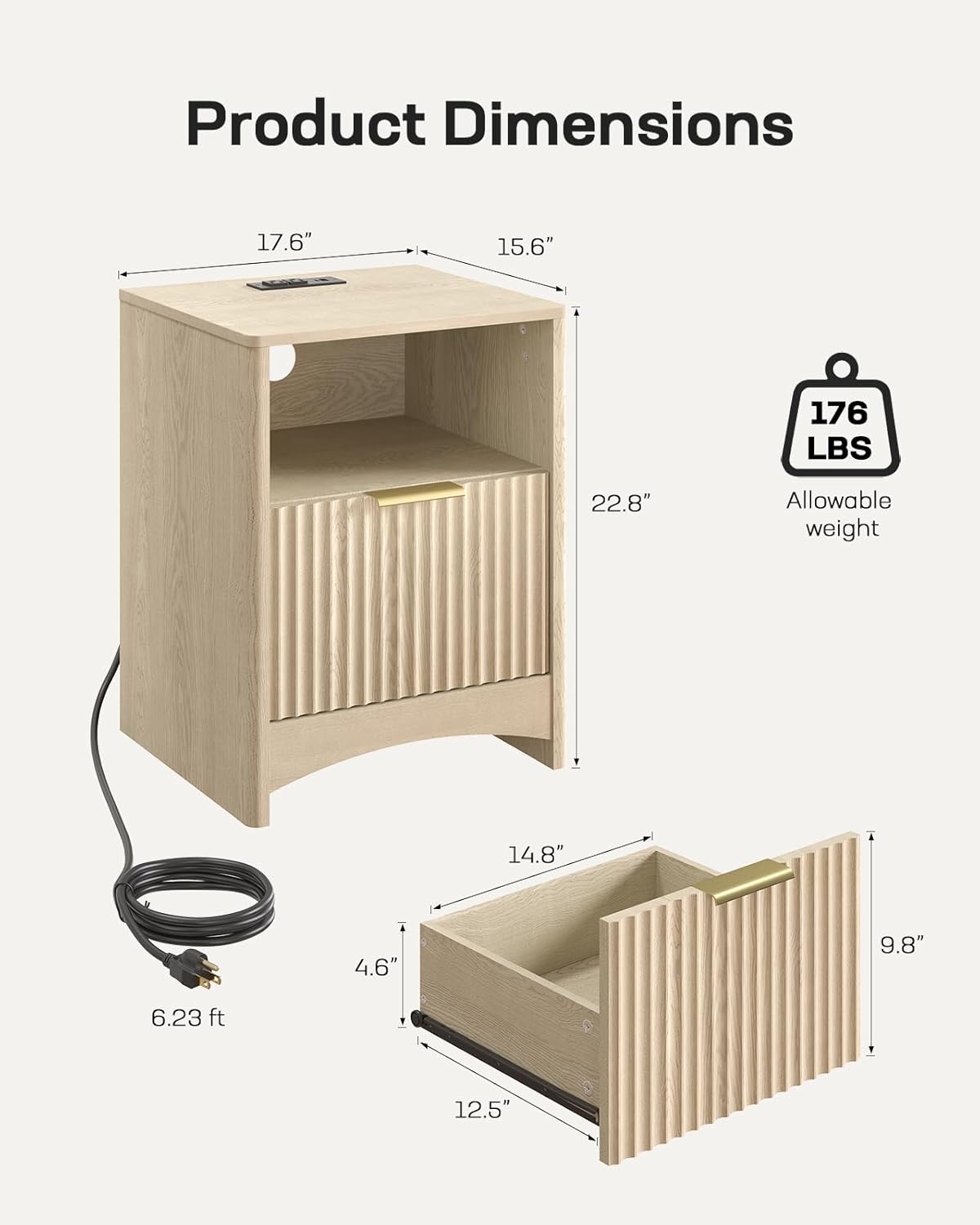 Marsail Fluted Nightstand with Charging Station, Adjustable Bedside Table with USB & AC Ports, 1 Drawer End Table, Wood Grain Finish, Sleek Wide Handle, Perfect for Bedroom, Natural Oak