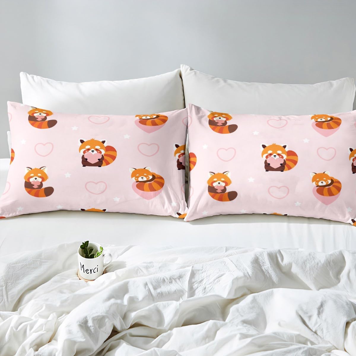 Castle Fairy Cute Red Panda Bed Sheet Set Twin Size for Kids Girls Bedroom,Pink Heart Animal Bedding Set,Cartoon Brown Panda Fitted Sheet Kawaii Star Decor 3pcs Top Flat Sheet with 1 Pillowcase