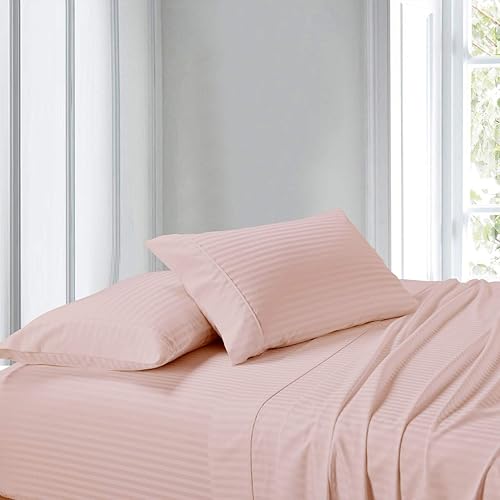 Sábanas tamaño Queen Waterbed, rosa, 100% algodón, sábanas de cama de agua, satén de algodón fresco, sábanas tejidas con patrón de rayas lisas