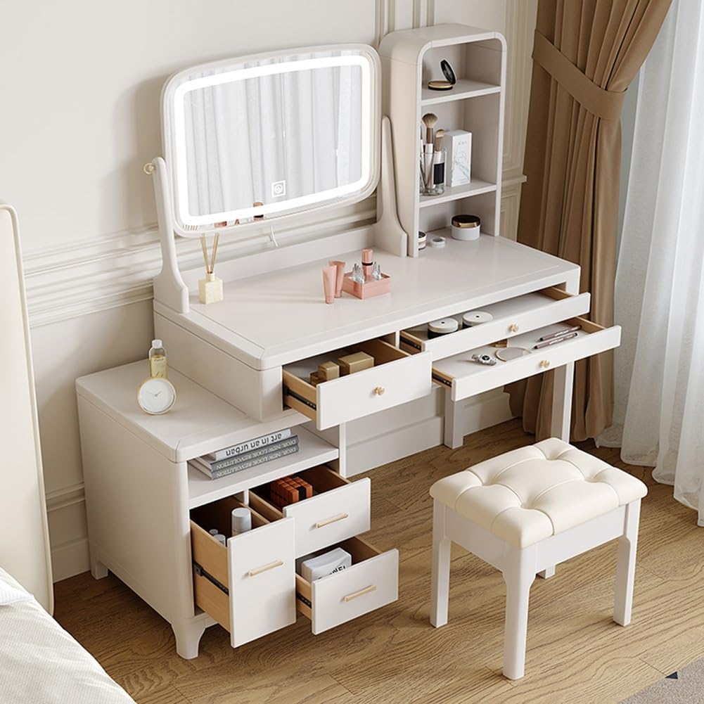 Amazon｜ドレッサー 白い化粧台、LEDミラー付き化粧台セット