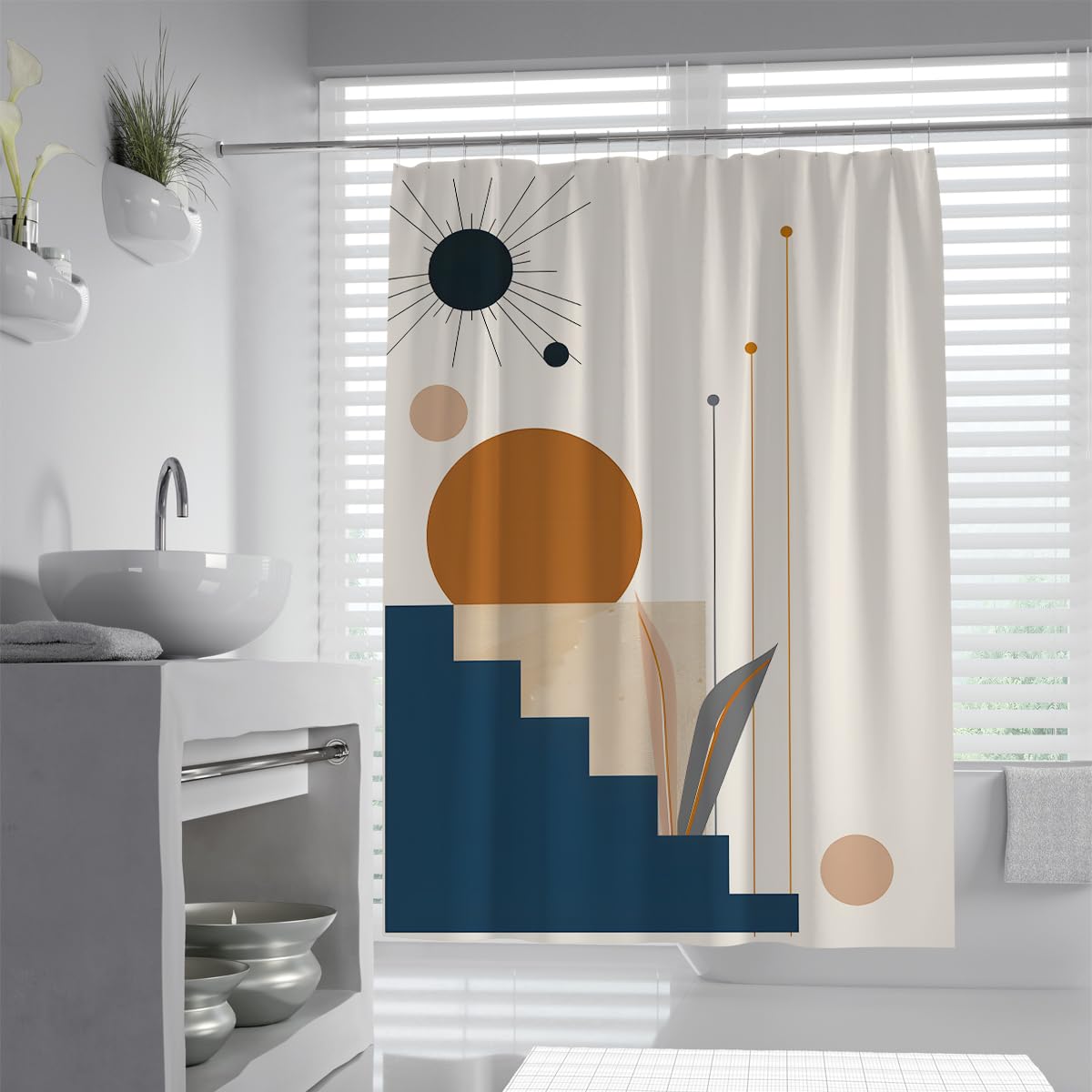 UIRINGART Celestial Bath Curtain W180xL200cm Abstract Geometric Staircase and Sunburst Line Leaf Pattern Washable Polyester Fabric with Rustproof Grommets Bathroom Curtains