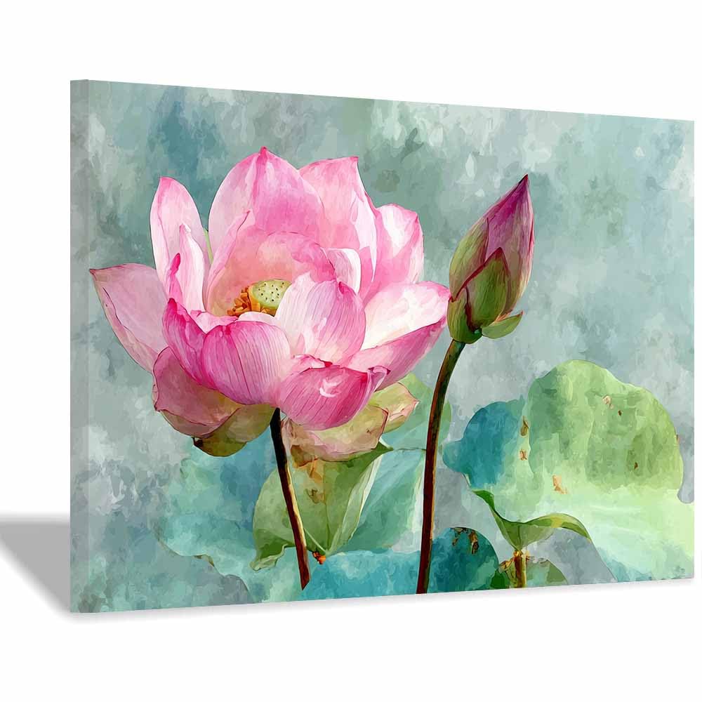 ZAMAEIU Canvas Print Wall Art Lotuss-companioned buds Modern Nature Landscape Poster, for living room, bedroom,Corridor Office Room Decoretc.(pink)-50x70cm Framed