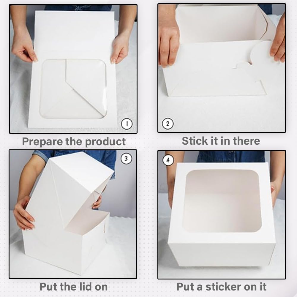 JBR & JM 5-Pack White Cake Boxes with Window - 10x10x5 Inches, Disposable Bakery Box for Cakes, Pastries, Desserts, Cookies - Square Cake Containers for Birthday Parties and Weddings