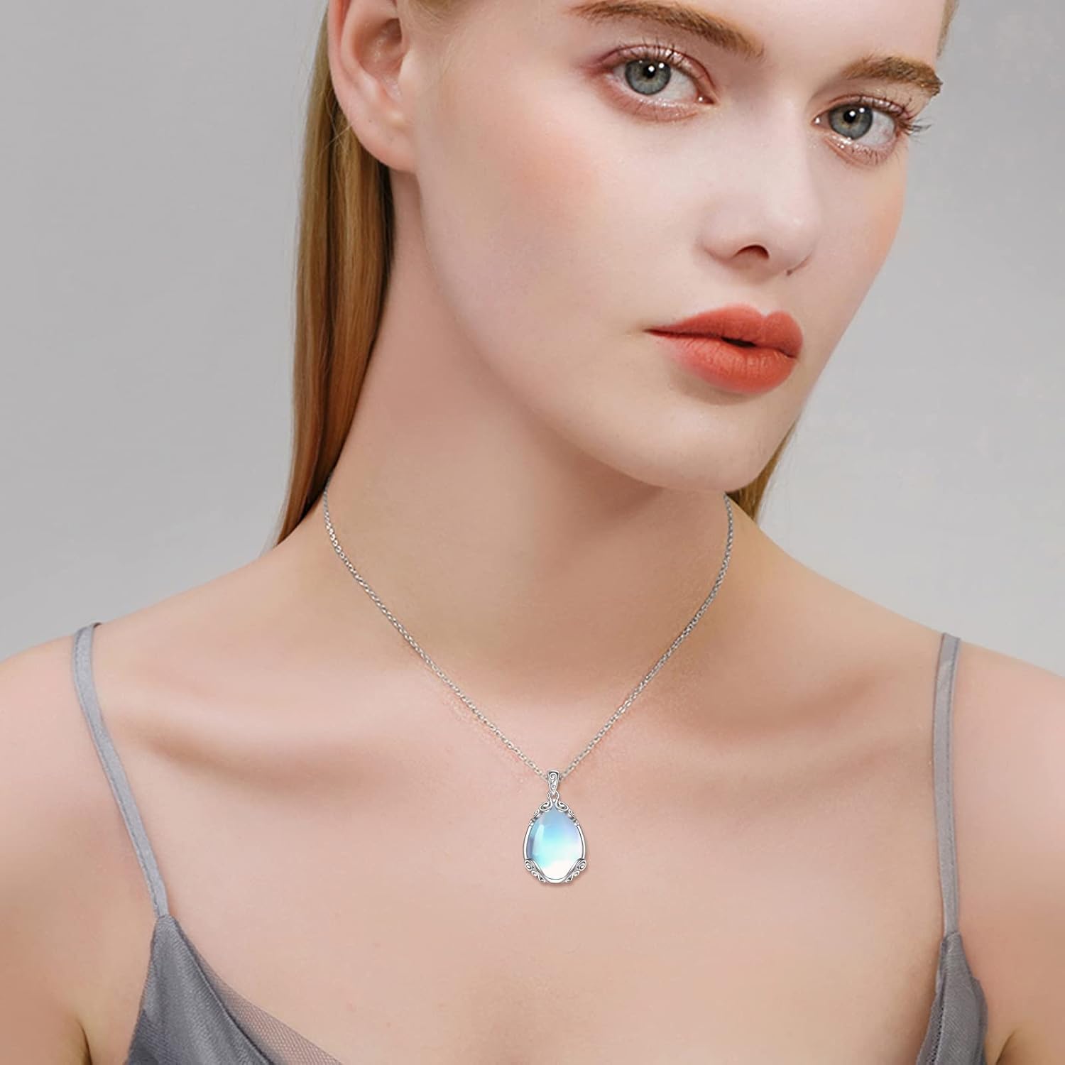 YAFEINI 925 Sterling Silver Moonstone Necklace Filigree Teardrop Pendant Necklace Jewelry for Women Girls