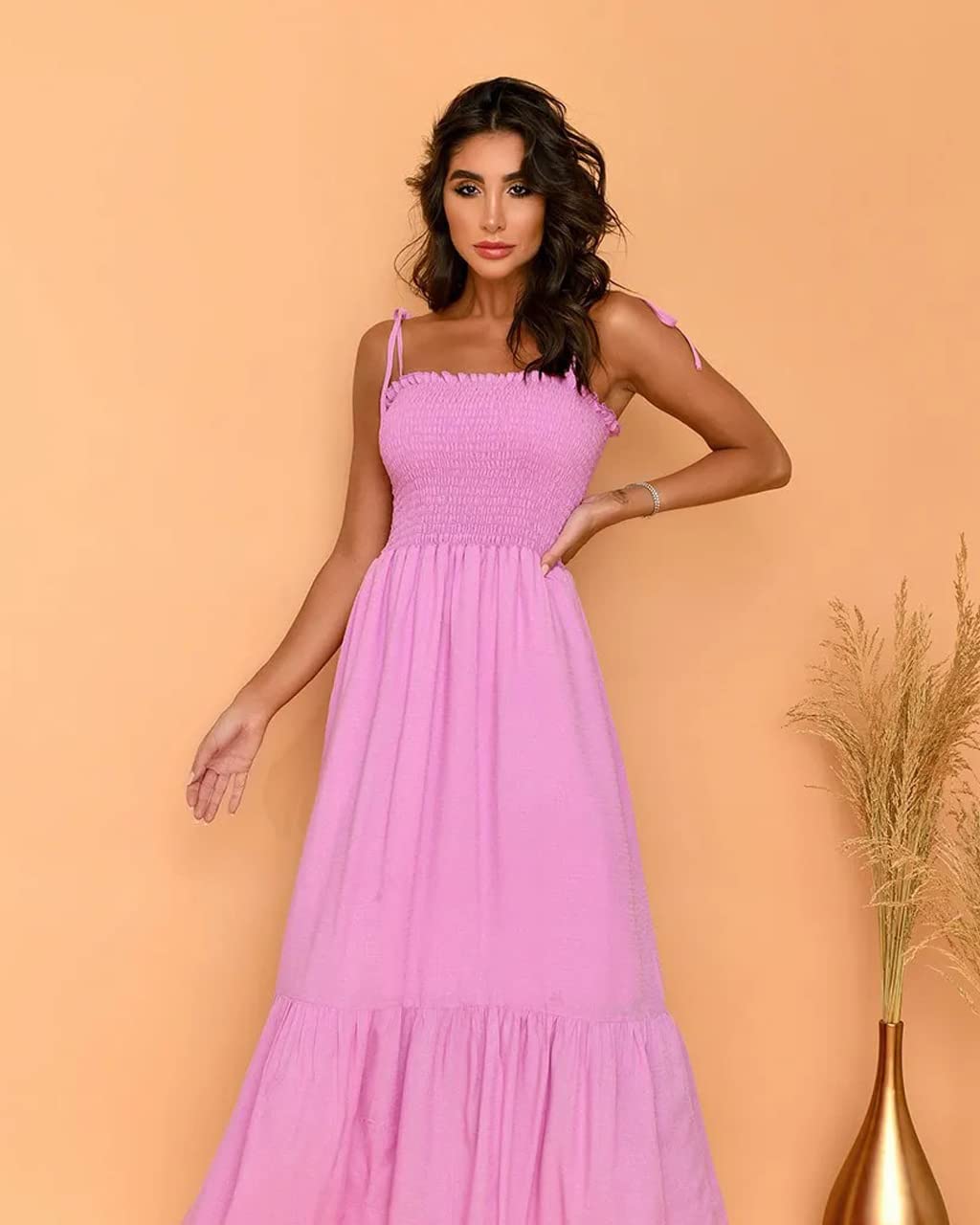 kinstell, Abito lungo lungo da donna, estivo, casual, bohémien, senza maniche, con spalline sottili, collo quadrato e volant, linea a trapezio, da spiaggia