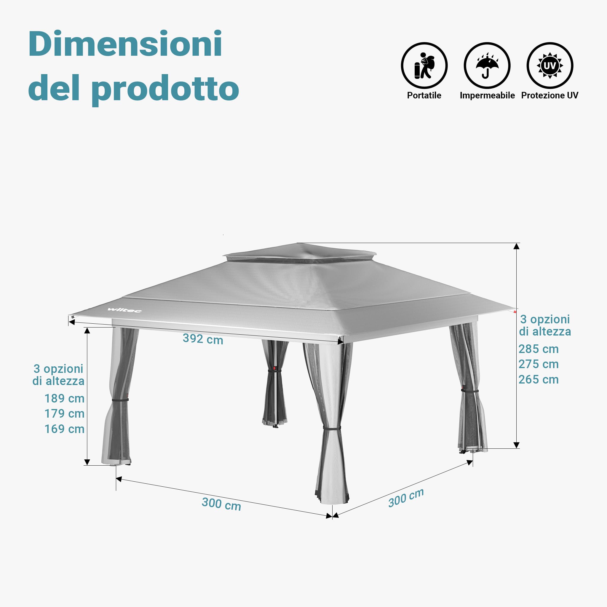 Wiltec Gazebo pieghevole con zanzariera, grigio chiaro 4 x 4 m, impermeabile, UV 50+, Tendone per feste