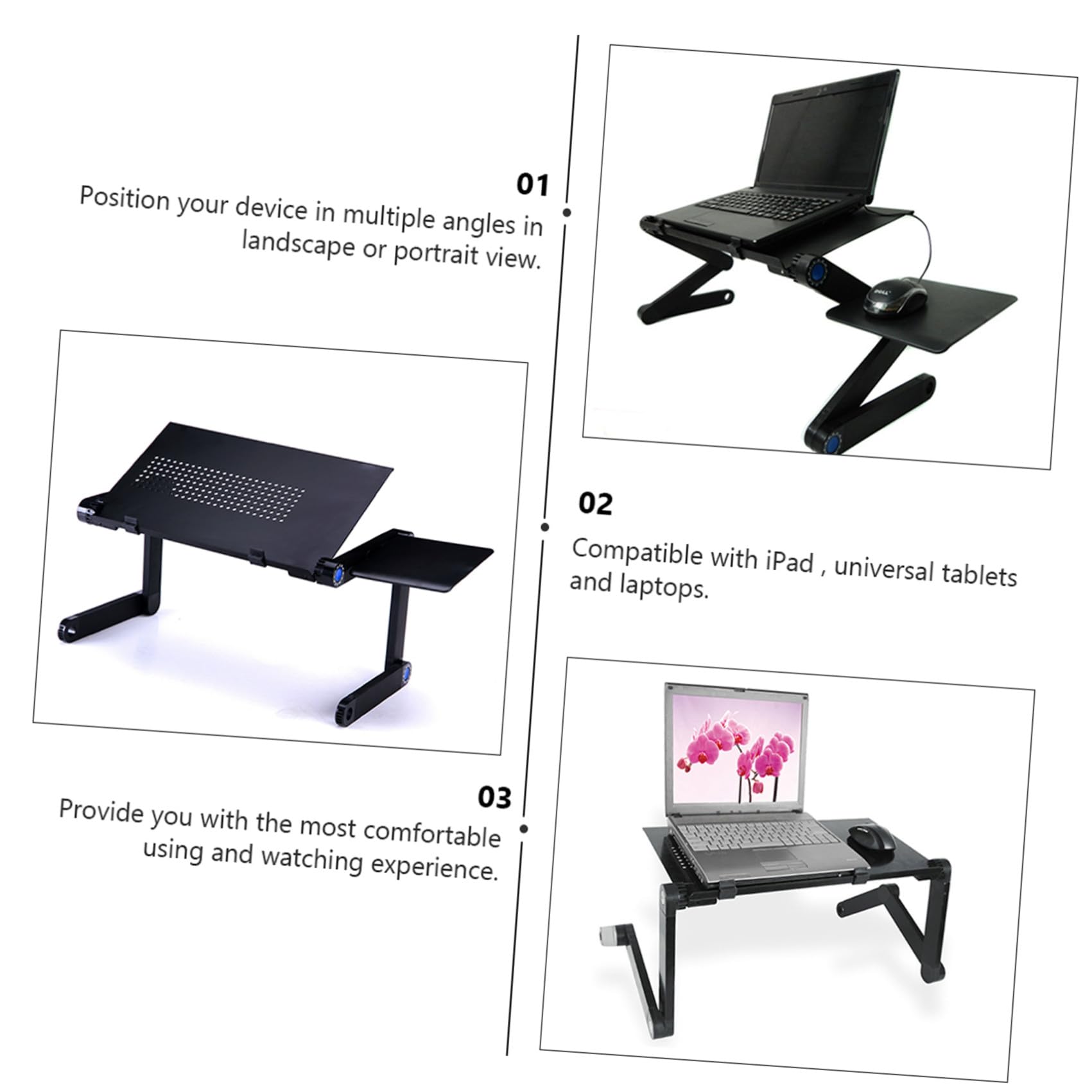 Lurrose Soporte Portátil para Portátil Negro con Ventilación, Plegable y Ajustable, con Tablero para Ratón, Mesa Ergonómica para Laptop y Tabletas, Uso Doméstico y Oficina