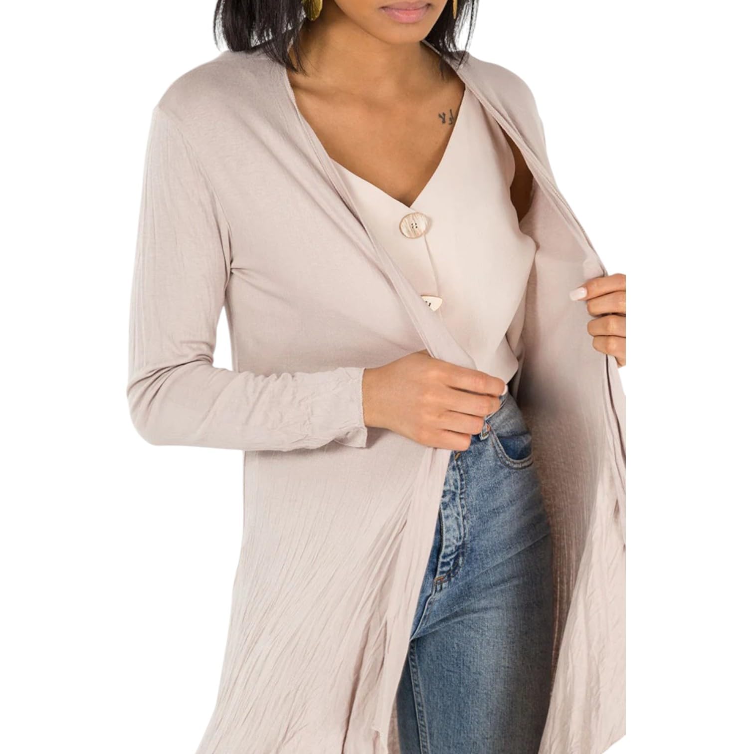 Sxme Might Say Women's Stone Plus Size Waterfall Cardigan, Long Sleeve Open Front, Jersey Top, Hanky Hem, Long Sleeve Boyfriend Cardigan (, 24-26)