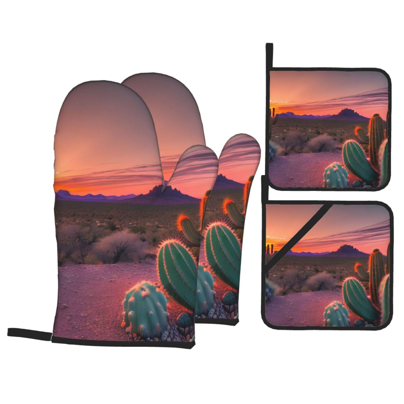 Cactus Desert Sunset Print 4-Piece Heat-Resistant Oven Waterproof Kitchen Gloves Cooking Roasting Essential