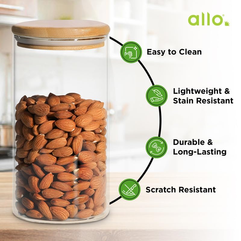 Image of Allo 600ML Kitchen Storage Box Glass Jars With Wooden Lids - Borosilicate Glass Food Storage Containers Airtight Glass Jar for Tea, Coffee, Spice, Pulses, Masala (Round Glass Jar - Set of 2)