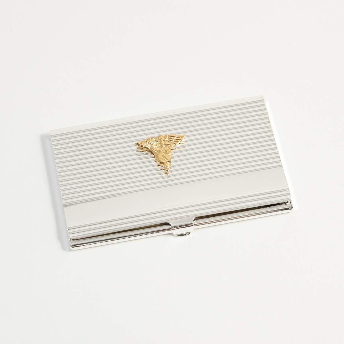 Bey-Berk D261N Silver Business Card Case with Gold Plated Nursing Emblem, Grey