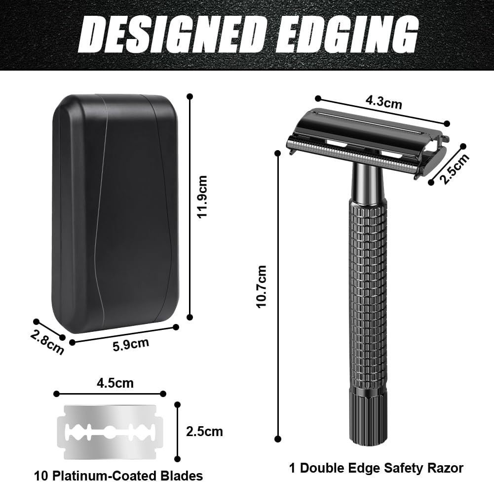 URAQT Maszynka do golenia męska 2-stronna głowica Safety Razor golarka na mokro ze stali nierdzewnej wysokiej jakości maszynka do golenia w stylu vintage z 10 ostrzami do golenia etui podróżnym