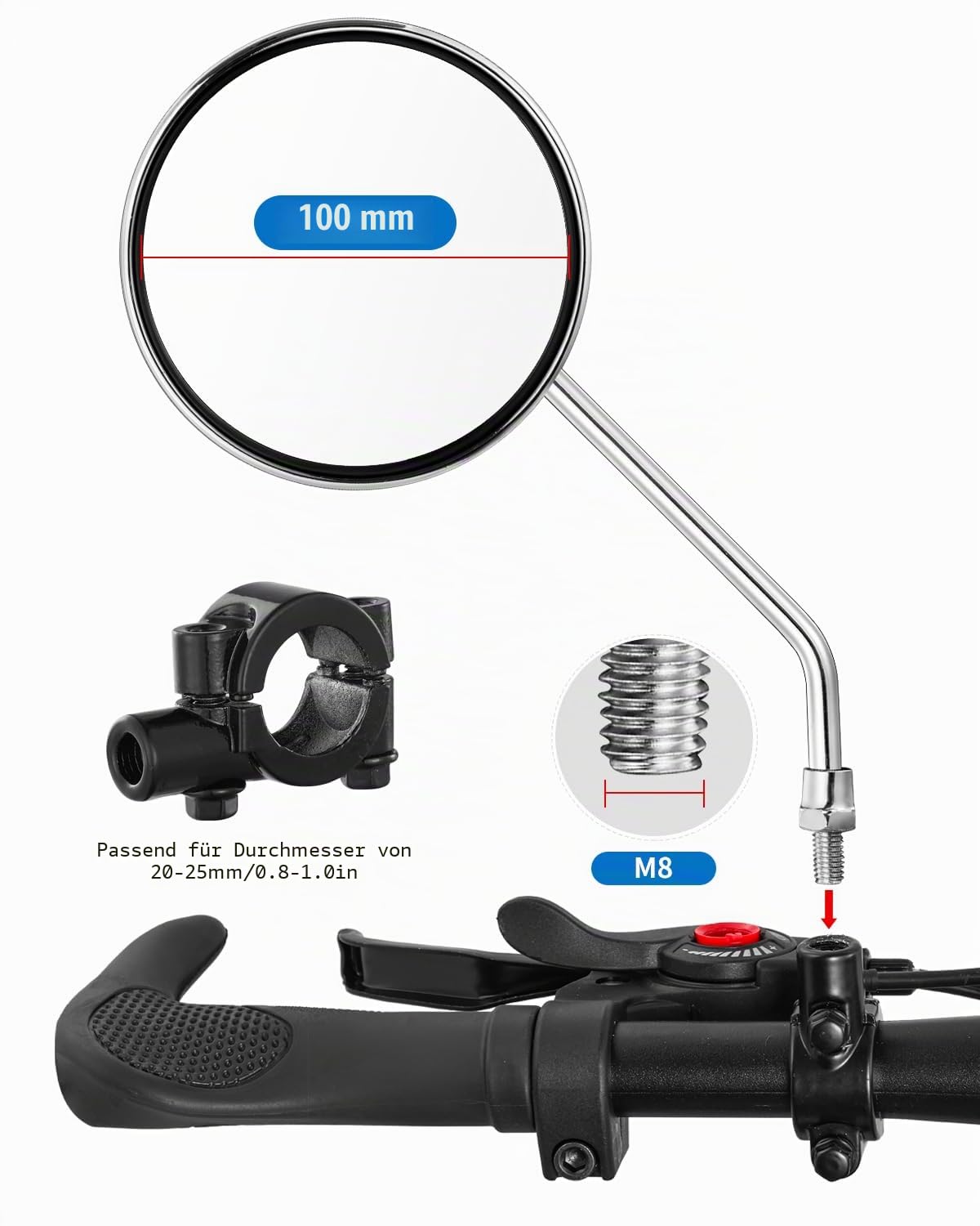 Fahrradlenker Rückspiegel, universell verstellbar, drehbar, klarer Spiegel für Mountainbike, Rennrad, Elektrofahrrad, Motorrad, Elektroroller, mit 8 mm installieren Basis (1 Paar konvex)