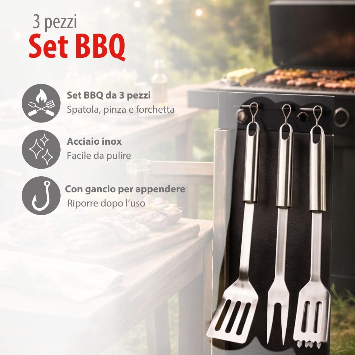alpina Set Barbecue 3 Pezzi - Utensili Barbecue con Spatola e Pinza - Accessori Barbecue con Forchetta - Attrezzi Barbecue Acciaio Inox - Argento