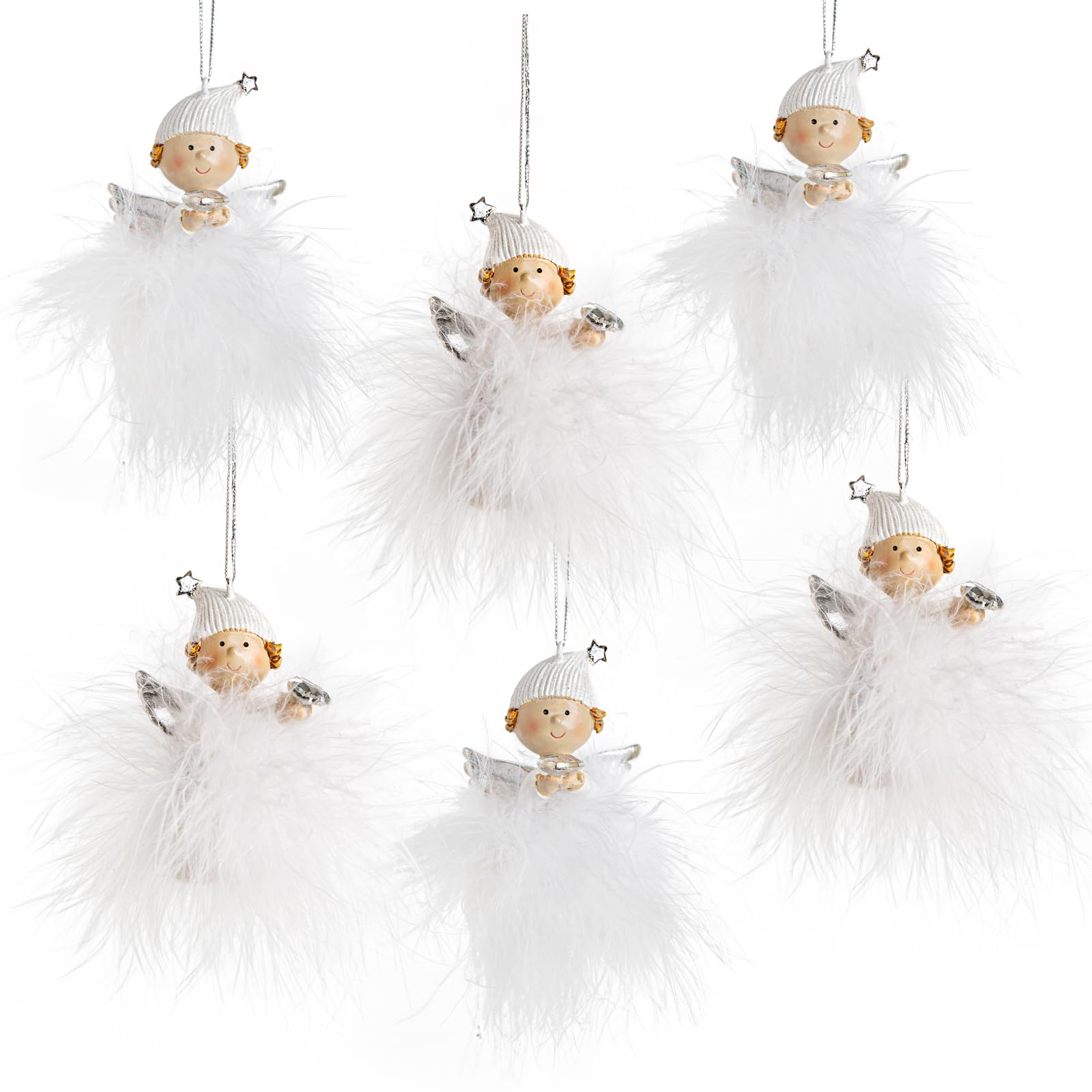 Logbuch-Verlag 6 Engel Anhänger weiß Silber mit Federn - Schutzengel 4 cm mit Schnur zum Aufhängen als kleines Geschenk Give-Away Weihnachten
