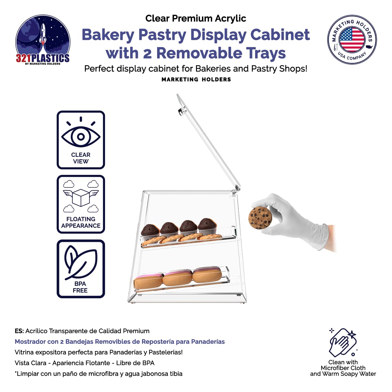 Marketing Holders 2 Layer Bakery Pastry Display Case Bakery Pastry Display Cabinet Acrylic with Two Removable Trays and Hinged Door BPE Free 10.25
