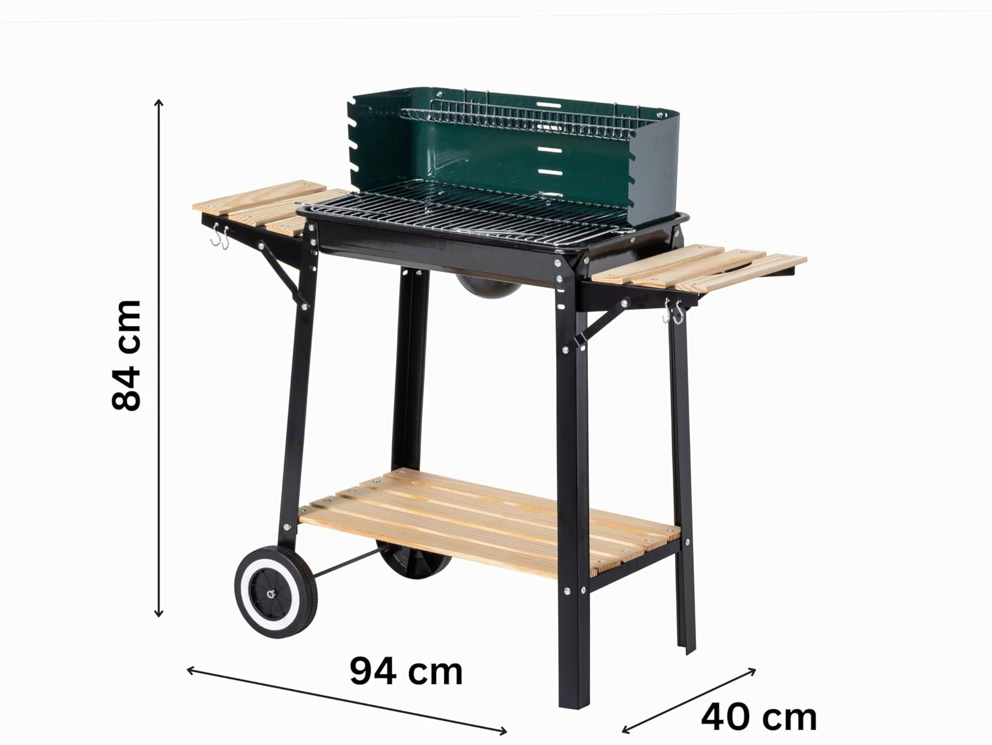 Aro Barbecue a Carbonella in Acciaio e Legno, 2 Griglie Regolabili, Tavolini Laterali, Ruote, Paravento, Verde