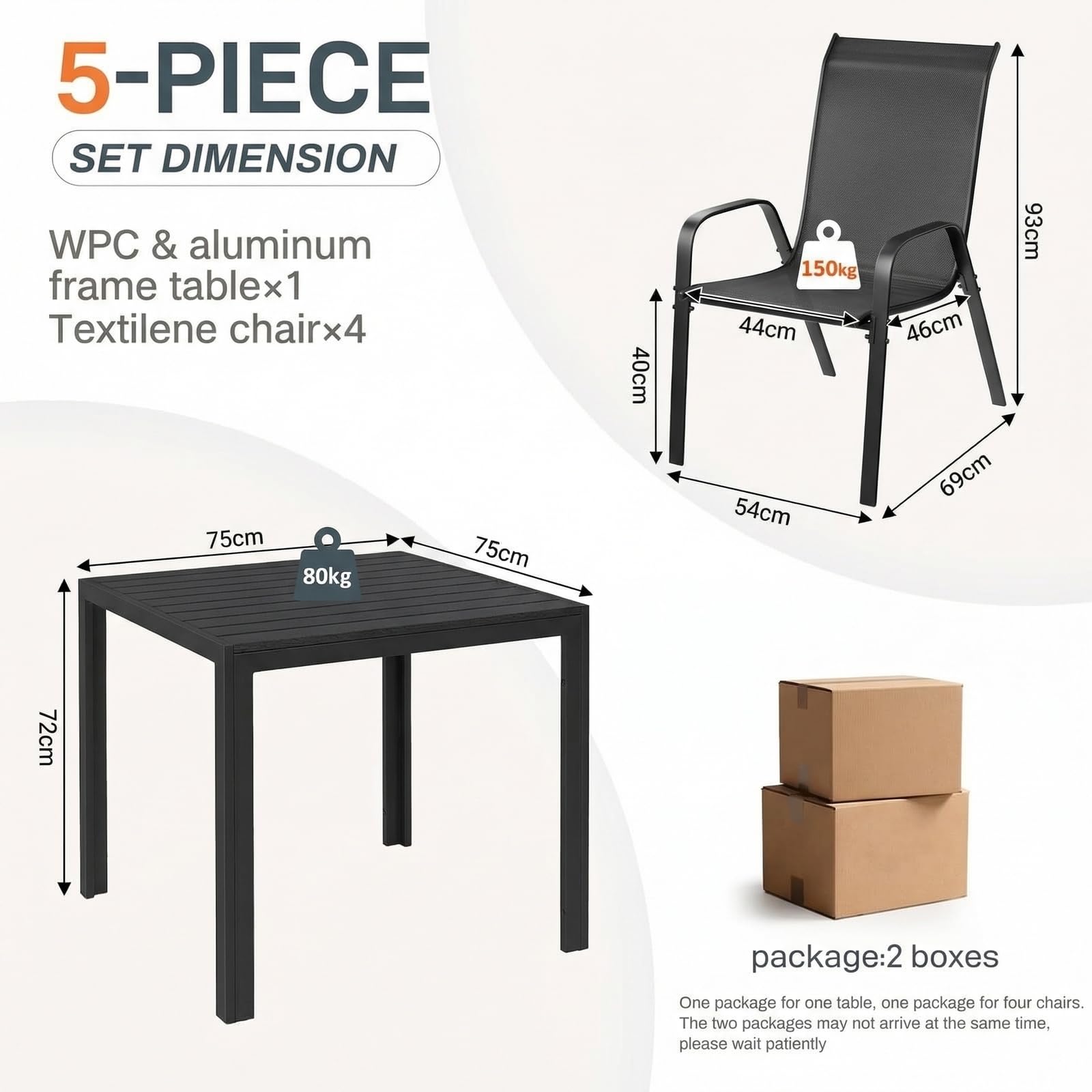LIFERUN Gartenmöbel Set, 5-teilig, mit 4 Stapelbar Sesseln und 1 WPC Quadratischer Tisch, Balkonmöbel, Terrassenmöbel für alle Jahreszeiten, Terrasse, Garten und Außenbereich