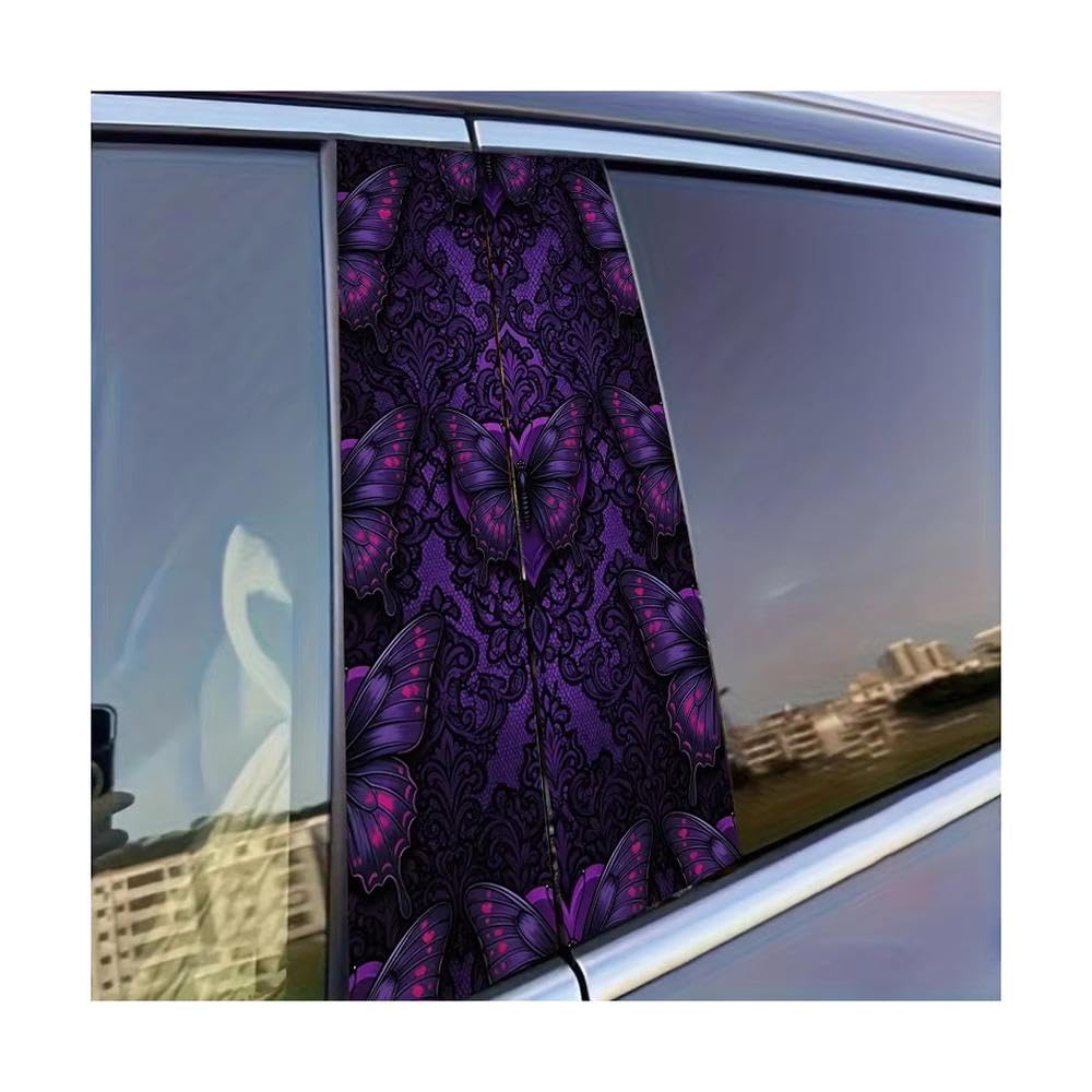 Auto Accessory 2pcs Car Door Post Decals Purple Butterflies & Dark Patterns Glossy Material Protective Film