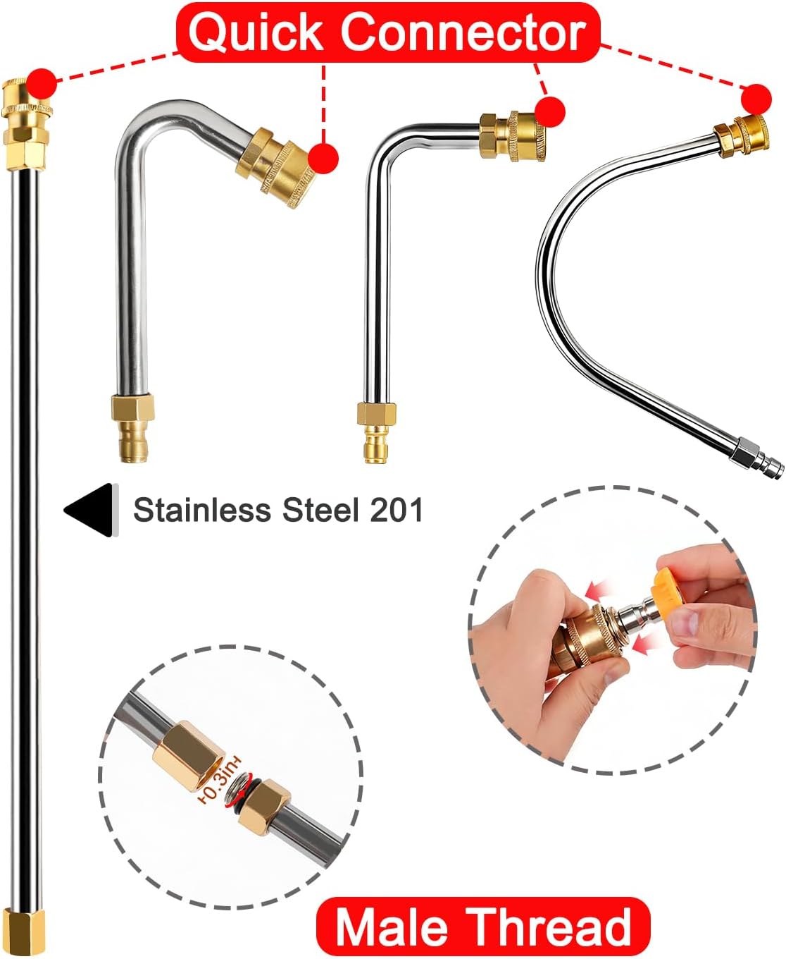 Pressure Washer Extension Wand Kit, Stainless Steel, with Spray Nozzles, Flexible Hose, Gutter Attachment, 4000 PSI (10 PCS)