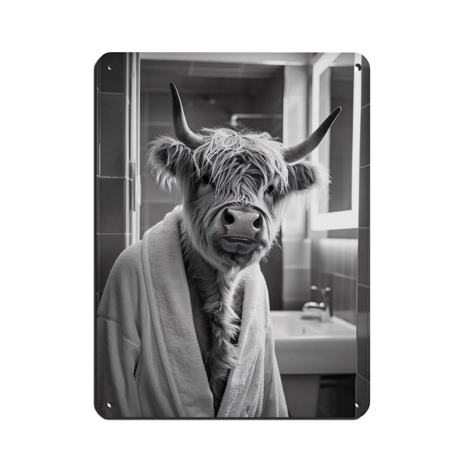 Highland Cow in A Bathrobe, Funny Bathroom Art (2) Retro Poster Metal Tin Sign Chic Art Retro Iron Painting Bar People Cave Cafe Family Garage Poster Wall Decoration 12x16inch(30x40cm)