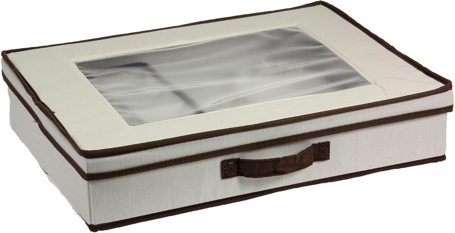 Household Essentials Natural 545 Vision Box with Lid and Handles | Tabletop Linen Storage Set Canvas with Brown Trim